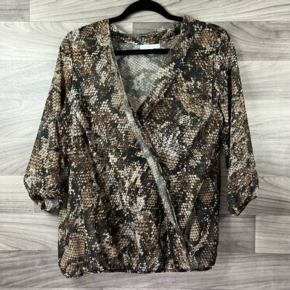 New York & Company Womens Wrap Top Brown Snake Skin Print 3/4 Sleeve V Neck S